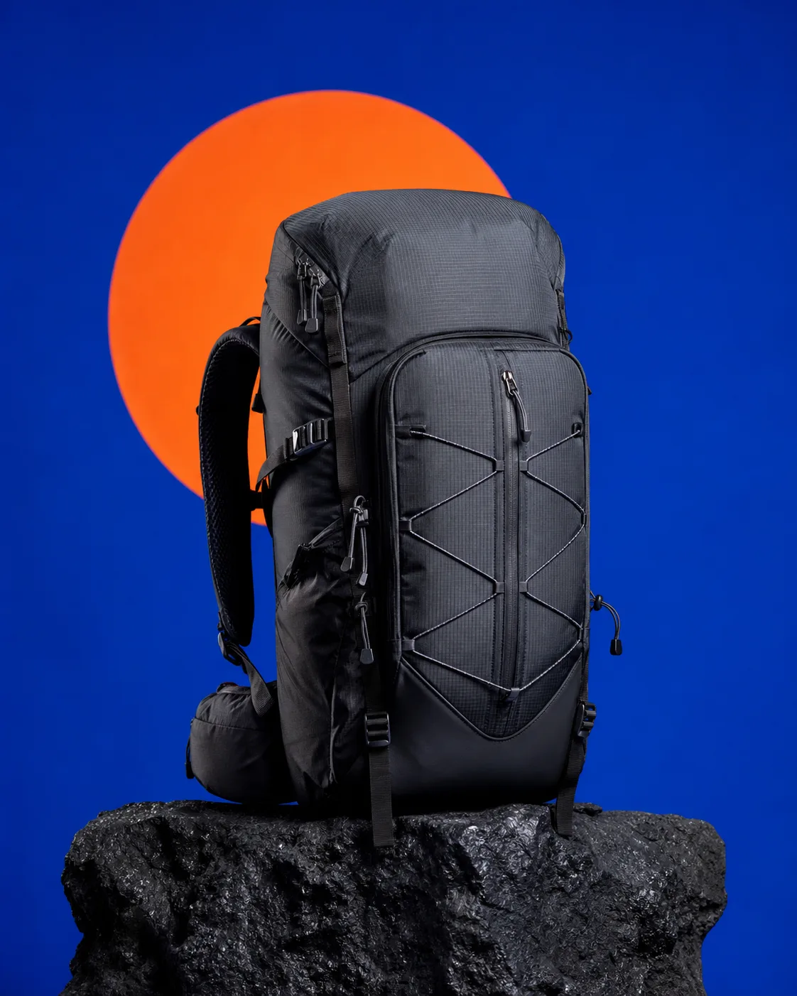 Black Transit technical backpack on a volcanic rock plinth