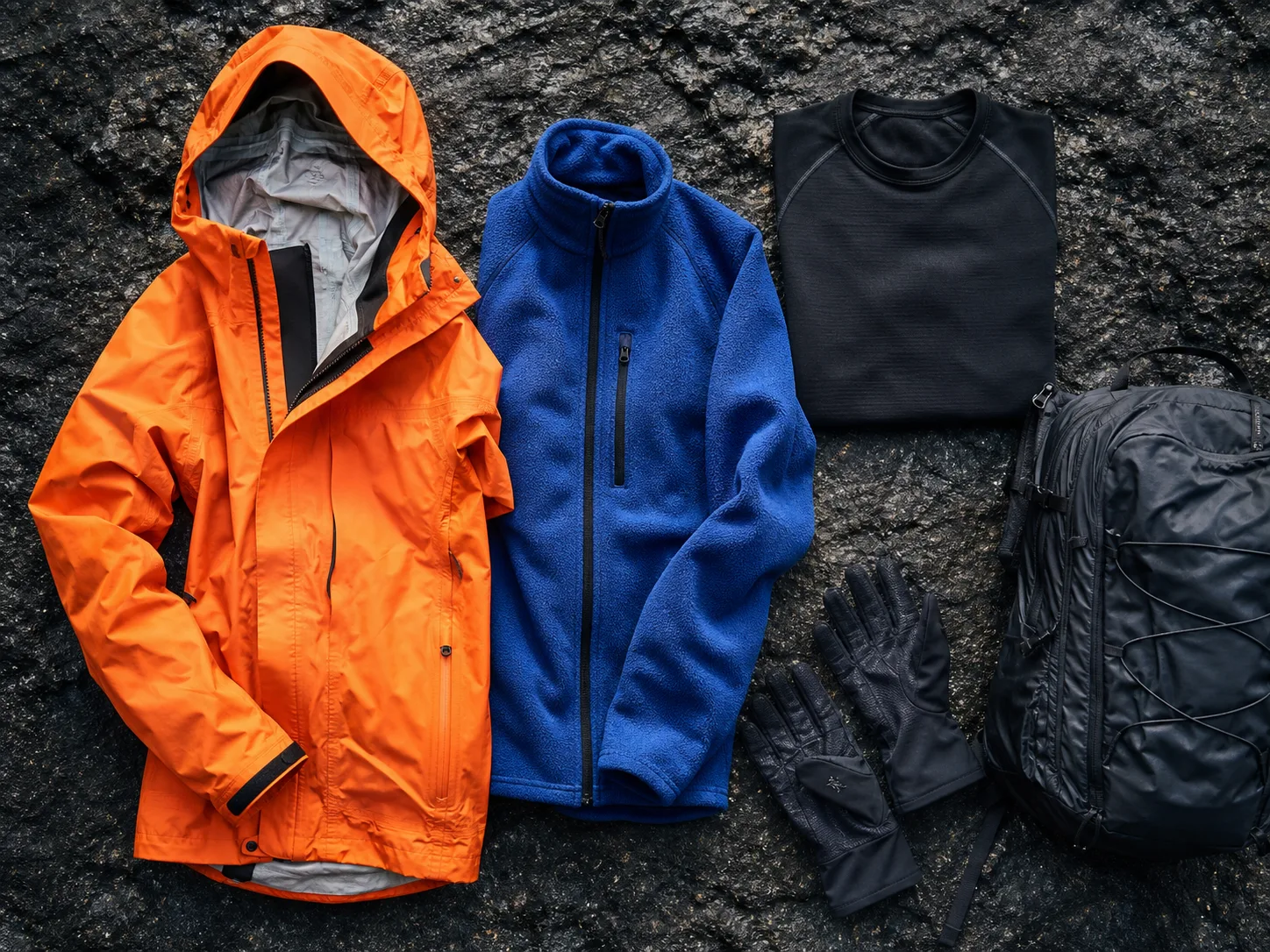 Outdoor layering system arranged on black rock