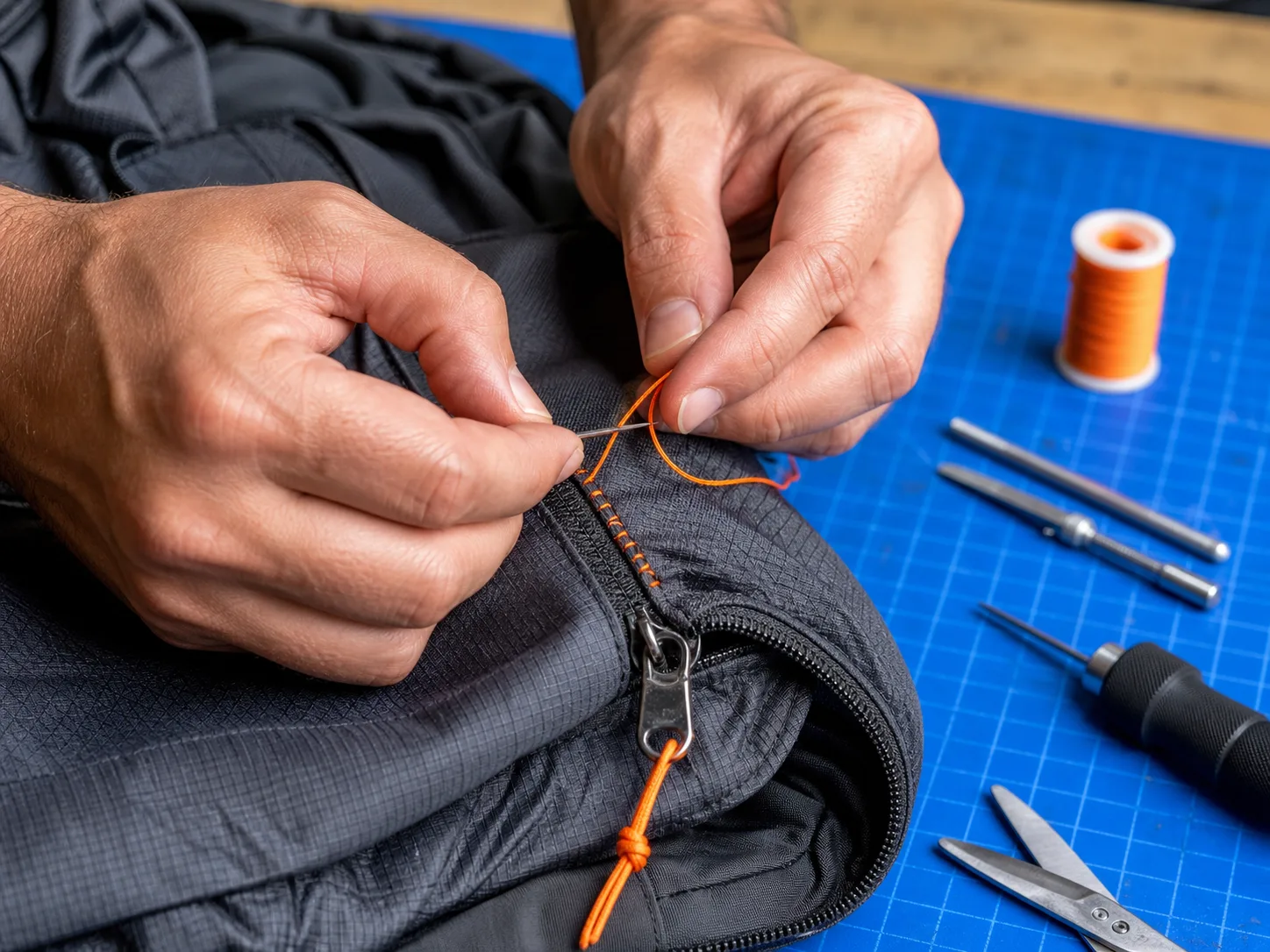 Hands repairing a technical backpack zipper